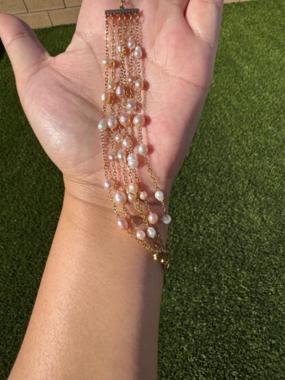 Handmade Six Layered Freshwater Pearl Bracelet in 18k PVD Plated Stainless Steel Bracelet (15cm + 5cm ext) - Image 3