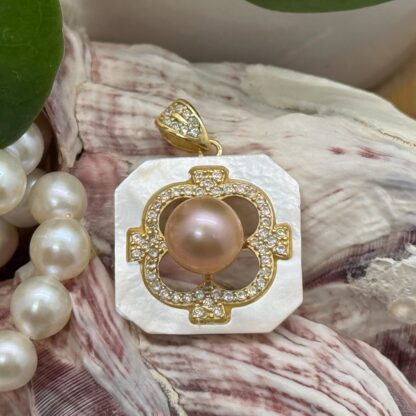Gold Plated Sterling Silver 7mm Pink Freshwater Pearl on Mother of Pearl with CZ Crystals Pendant - Image 3