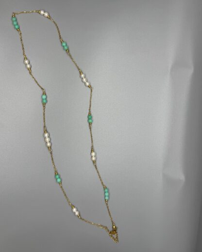 Handmade Gold Necklace with Australian Chrysoprase and Pearls - Adjustable (62-67cm) - Image 2