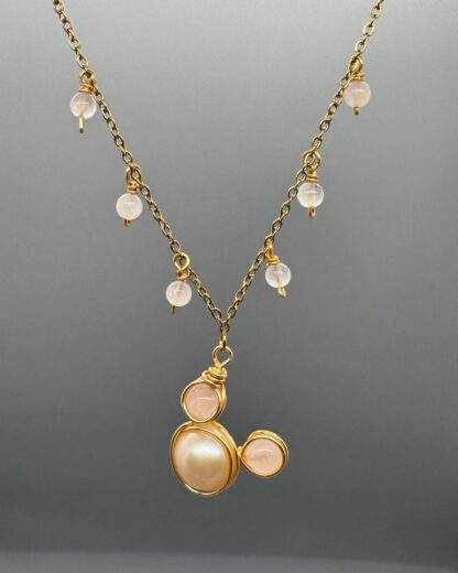 Gold Rose Quartz and Pearl Mickey Handmade Necklace (16-22inch)