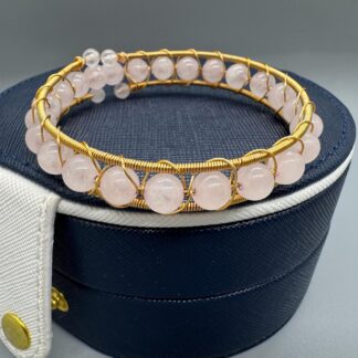 Natural Rose Quarts Wire Wrapped Gold Bangle 17 cm