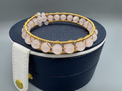 Natural Rose Quarts Wire Wrapped Gold Bangle 17 cm