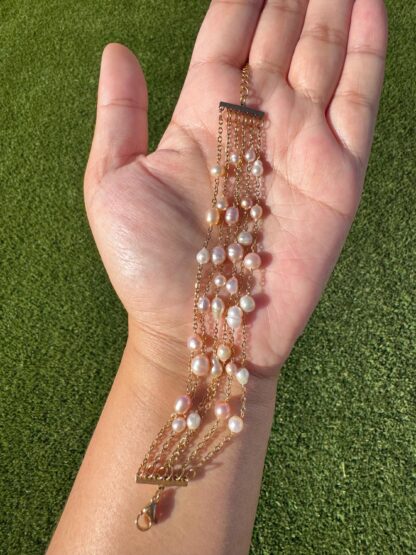 Handmade Six Layered Freshwater Pearl Bracelet in 18k PVD Plated Stainless Steel Bracelet (15cm + 5cm ext) - Image 2