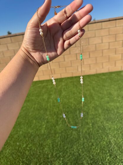 Handmade Gold Necklace with Australian Chrysoprase and Pearls - Adjustable (62-67cm) - Image 3