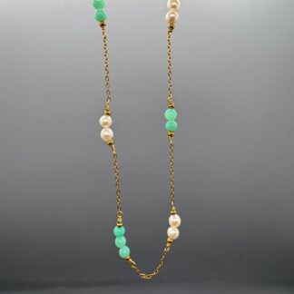 Handmade Gold Necklace with Australian Chrysoprase and Pearls - Adjustable (62-67cm)