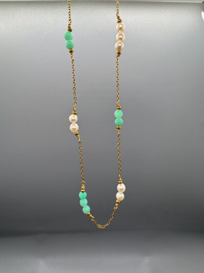 Handmade Gold Necklace with Australian Chrysoprase and Pearls - Adjustable (62-67cm)