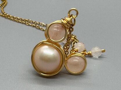 Gold Rose Quartz and Pearl Mickey Handmade Necklace (16-22inch) - Image 2