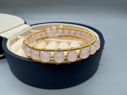Natural Rose Quarts Wire Wrapped Gold Bangle 17 cm - Image 2