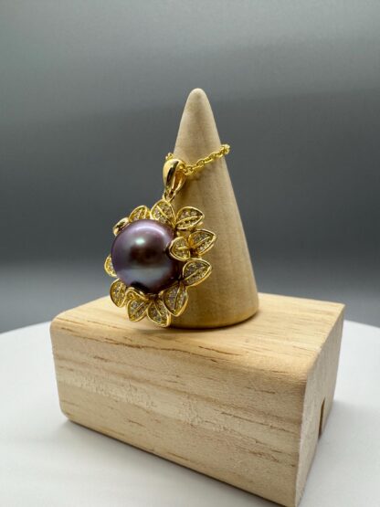 Gold Flower Pendant with Deep Purple 11-12mm Round Pearl - Image 2