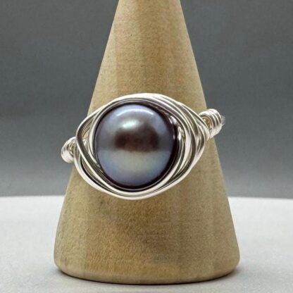 Silver Wire Wrapped Solitaire Pearl Ring US7