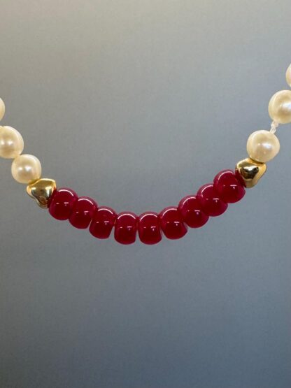 Ruby, Natural Pearls and Gold Hearts Necklace - Image 2