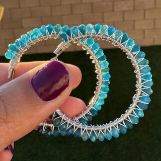 Handmade Large Hoops Earrings with Natural Blue Apatite Gemstone 65mm Stainless Steel