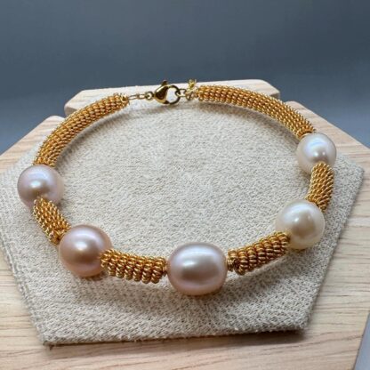Gold Plated Twisted Spiral Natural Pearl Bracelet