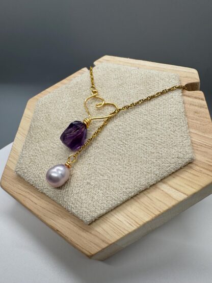Amethyst and Lavender Pearl Lariat Necklace - Image 2