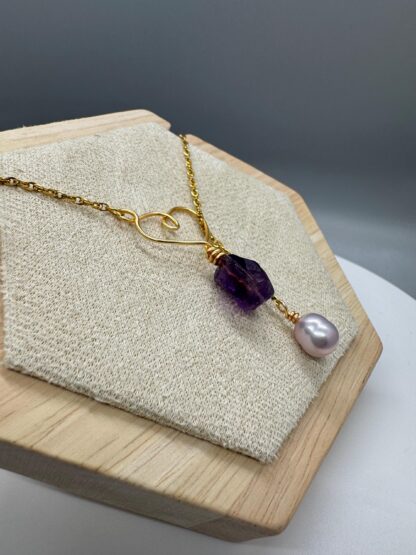 Amethyst and Lavender Pearl Lariat Necklace - Image 3