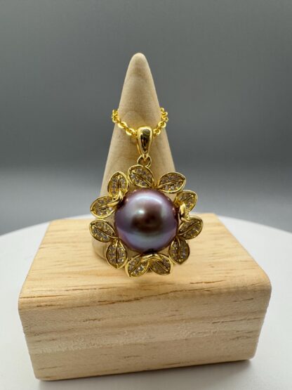 Gold Flower Pendant with Deep Purple 11-12mm Round Pearl - Image 3