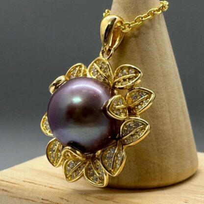 Gold Flower Pendant with Deep Purple 11-12mm Round Pearl