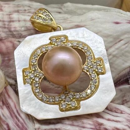 Gold Plated Sterling Silver 7mm Pink Freshwater Pearl on Mother of Pearl with CZ Crystals Pendant