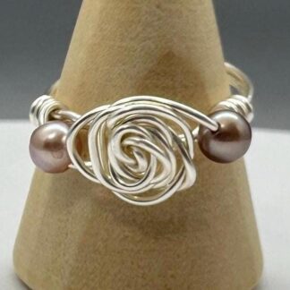 Silver Wire Wrapped Rose Ring with Two Purple Natural Pearls