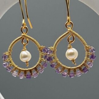 Wire Wrapped Natural Gemstone and Pearls Drop Earrings