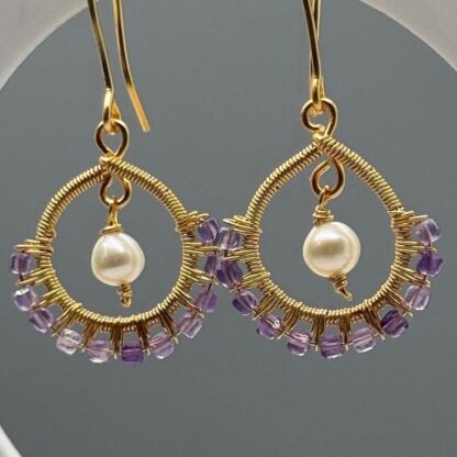 Wire Wrapped Natural Gemstone and Pearls Drop Earrings