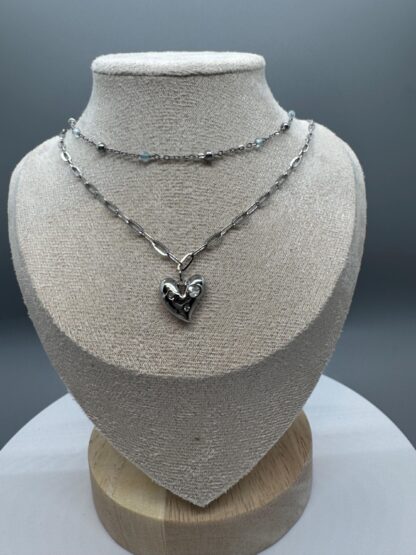 Double Layer Heart  Necklace with Aquamarine strand and a paper clip layer. - Image 3