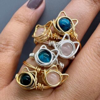 Cat Blue Tigers Eye or Pink Quartz Wire Wrapped Ring