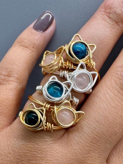 Cat Blue Tigers Eye or Pink Quartz Wire Wrapped Ring