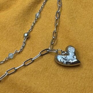 Double Layer Heart  Necklace with Aquamarine strand and a paper clip layer.