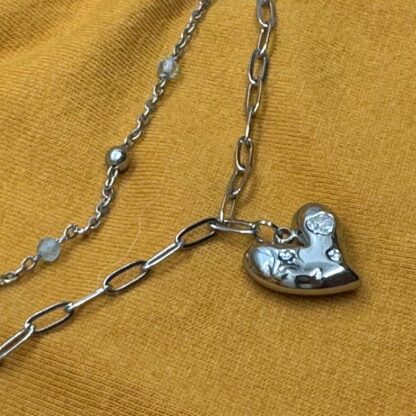 Double Layer Heart  Necklace with Aquamarine strand and a paper clip layer.