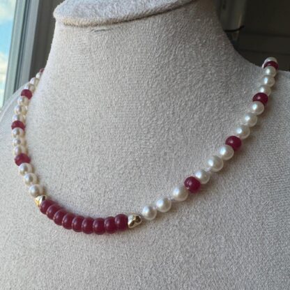 Ruby, Natural Pearls and Gold Hearts Necklace