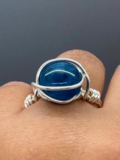 Silver Wired Wrap Blue Apatite Ring US9