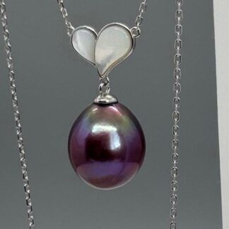 Rainbow Luster Purple Pearl on Sterling Silver Mother of Pearl Stationary Heart Pendant Necklace