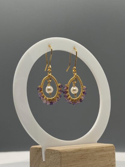 Wire Wrapped Natural Gemstone and Pearls Drop Earrings - Image 2