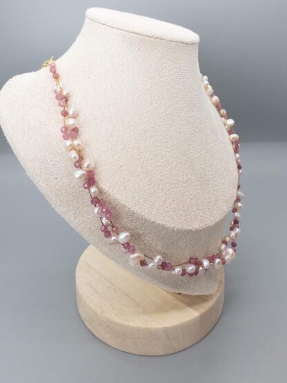 Cotton Candy Pink Keshi Pearls and Sugar Pink Tourmaline Cluster Choker Necklace Adjustable 40-45 cm - Image 3