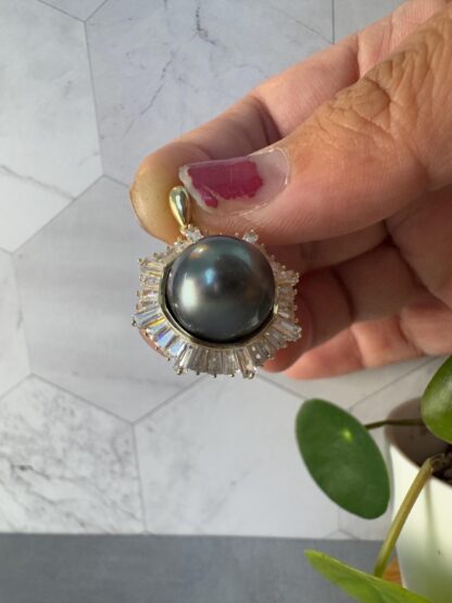 Genuine Tahitian Black Pearl Pendant – CZ Halo on Gold-Plated 925 Silver - Image 2