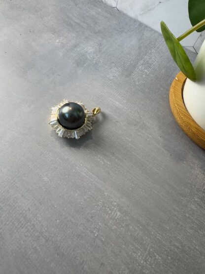Genuine Tahitian Black Pearl Pendant – CZ Halo on Gold-Plated 925 Silver - Image 3