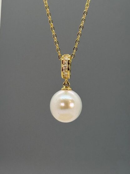 White Freshwater 11-12mm Universal Pearl Gold Pendant in Sterling Silver and Cubic Zirconia - Image 3