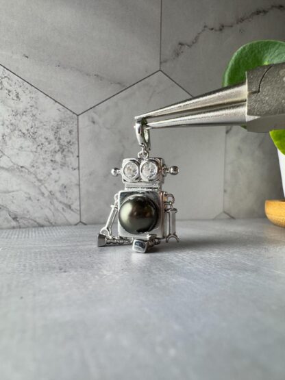 Certified Genuine Tahitian Black Pearl Robot Pendant with CZ eyes - Image 2