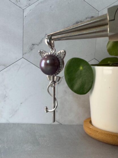 Cute Cat Pearl Pendant – Sterling Silver & Demon Purple Freshwater Pearl with CZ Accents - Image 3