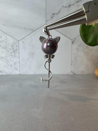 Cute Cat Pearl Pendant – Sterling Silver & Demon Purple Freshwater Pearl with CZ Accents - Image 2