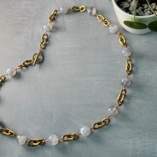 Blue Lace Agate Necklace – Stainless Steel 18K Gold PVD Chain Jewelry