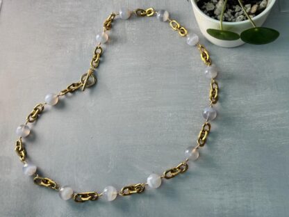 Blue Lace Agate Necklace – Stainless Steel 18K Gold PVD Chain Jewelry