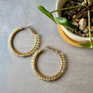 Prehnite Crystal Hoop Earrings – 18K Gold PVD Stainless Steel, Hand-Wrapped with Gold-Plated Wire, 65 mm