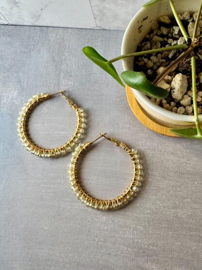 Prehnite Crystal Hoop Earrings – 18K Gold PVD Stainless Steel, Hand-Wrapped with Gold-Plated Wire, 65 mm