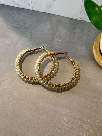 Prehnite Crystal Hoop Earrings – 18K Gold PVD Stainless Steel, Hand-Wrapped with Gold-Plated Wire, 65 mm - Image 3