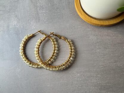 Prehnite Crystal Hoop Earrings – 18K Gold PVD Stainless Steel, Hand-Wrapped with Gold-Plated Wire, 65 mm - Image 2