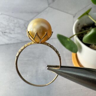South Sea Golden Pearl Ring – 18K Solid Gold, Lotus Setting, Diamond Accents, Certified, Size US 7.5