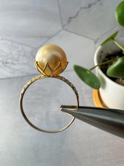 South Sea Golden Pearl Ring – 18K Solid Gold, Lotus Setting, Diamond Accents, Certified, Size US 7.5