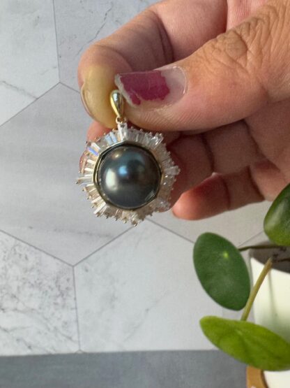 Genuine Tahitian Black Pearl Pendant – CZ Halo on Gold-Plated 925 Silver